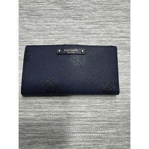 Kate Spade New York Navy Glitter Polka Dot Leather Wallet Snap Closure